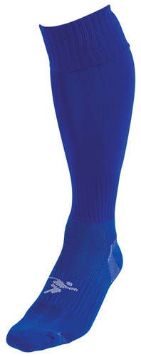The Precision Plain Pro Football Socks Adult by Precision Training is shown upright in royal blue, knee-high style with ribbed calf and foot, a white logo near the toes, and enhanced ankle support for stability.
