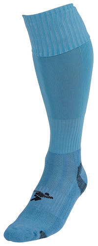 The Precision Training Precision Plain Pro Football Socks Adult are light blue knee-high athletic socks with ribbed sections at the top and ankle, textured foot areas for extra support, and a small black logo on the side of the foot.