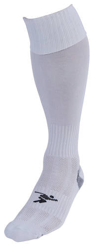 A single Precision Training Precision Plain Pro Football Sock for adults in white, featuring ribbed sections, a heel pad, and a black logo near the toe, shown against a plain background.