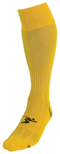 The Precision Training Precision Plain Pro Football Socks Adult is a single yellow knee-high athletic sock with ribbed sections, a black logo near the toes, and added ankle support, displayed on a white background.