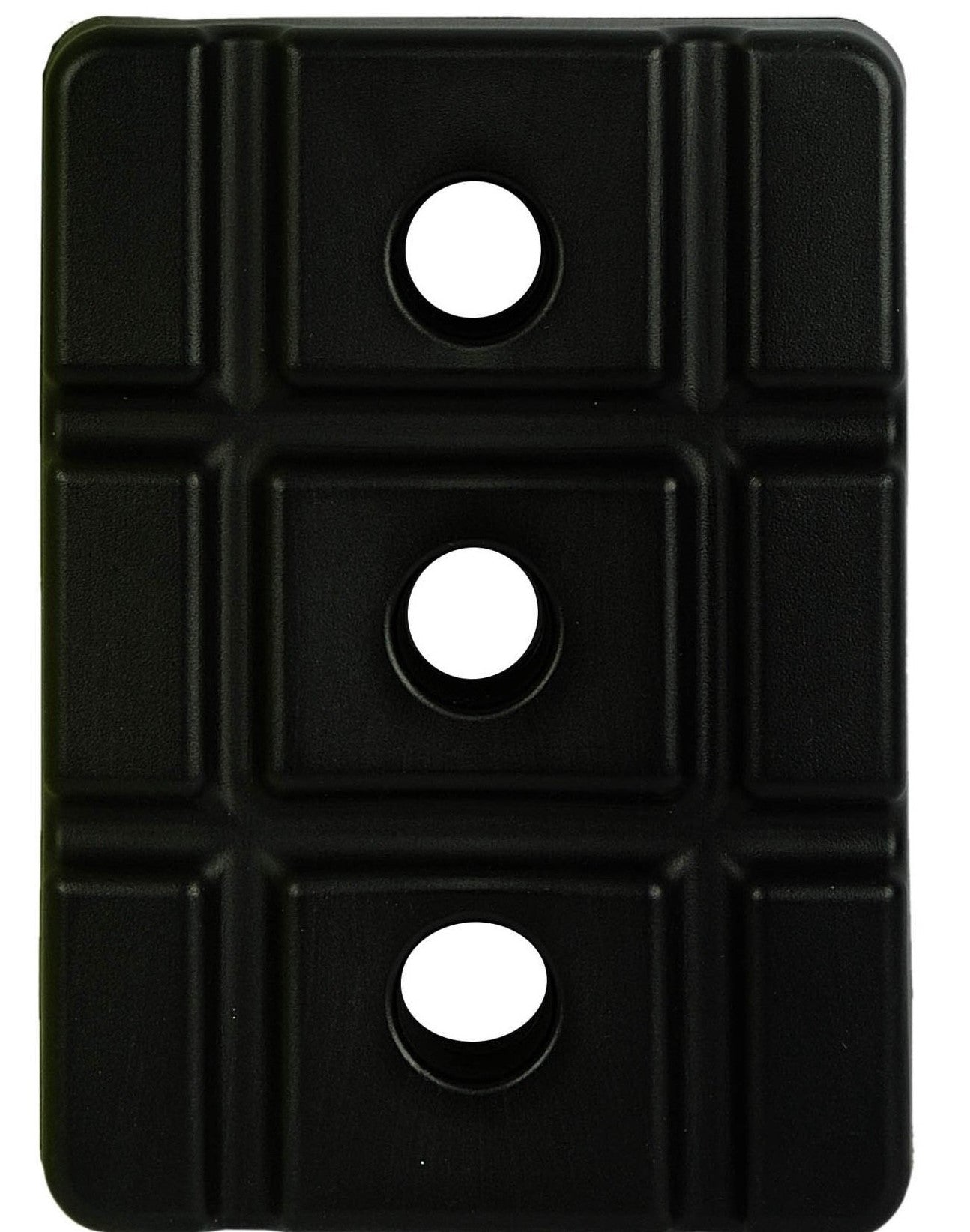 A black rectangular Cricket Plastic Stump Base by Martin Berrill Sports features three vertically aligned circular holes in the center and a grid-like raised pattern inspired by cricket stumps.