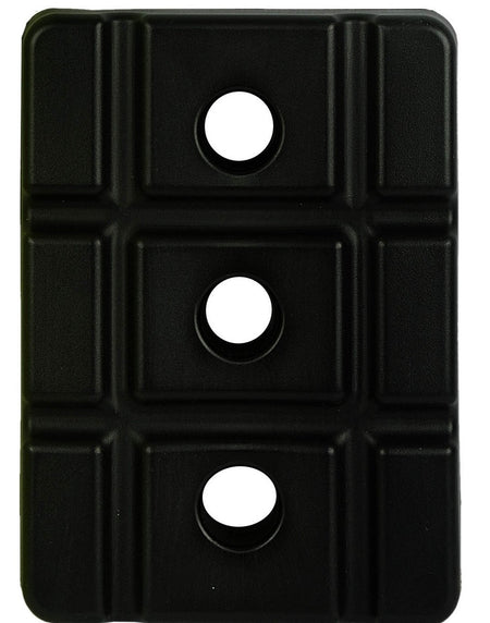 A black rectangular Cricket Plastic Stump Base by Martin Berrill Sports features three vertically aligned circular holes in the center and a grid-like raised pattern inspired by cricket stumps.
