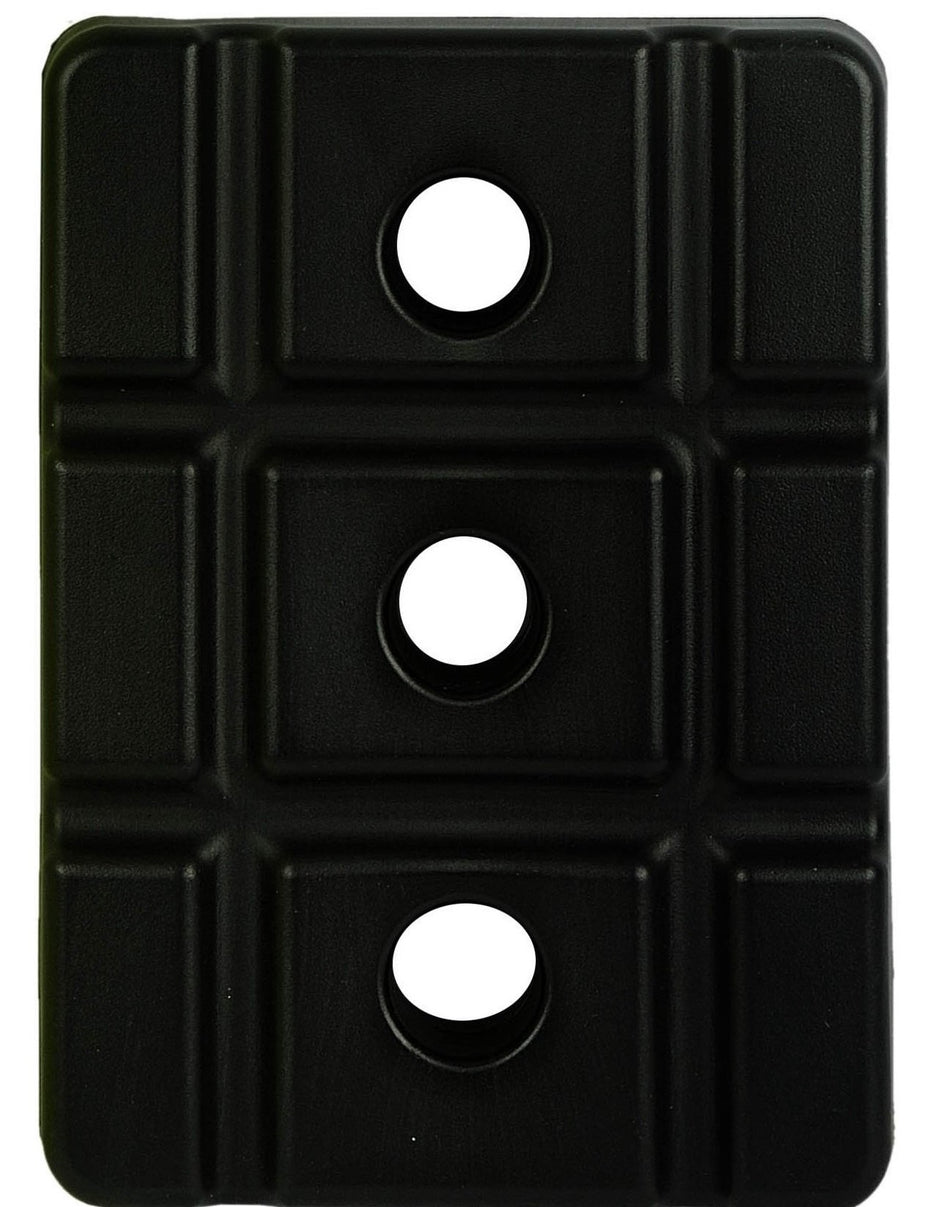 A black rectangular Cricket Plastic Stump Base by Martin Berrill Sports features three vertically aligned circular holes in the center and a grid-like raised pattern inspired by cricket stumps.