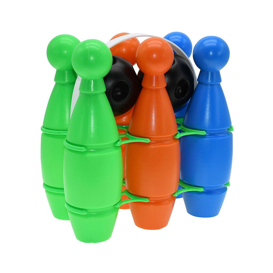The Reydon Sports Multi-colour Plastic Bowling Set features six vibrant pins—two green, two orange, and two blue—with a white and black bowling ball partially visible behind them, all set against a white background.