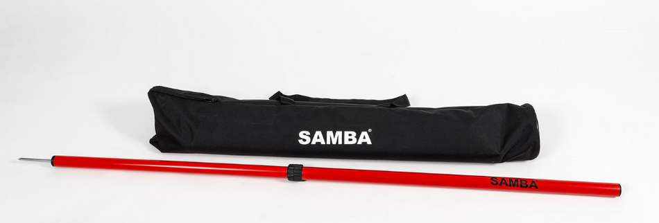A set of 12 Samba Sports 1.7m red telescopic boundary poles with "SAMBA" branding is shown before a black SAMBA carrying bag on a plain white background—perfect for agility training.