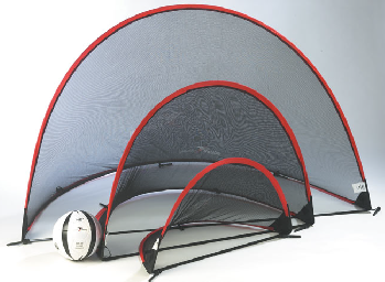 Three Precision Training Pop Up Back Stops/Goals (180x110cm) with red trim are shown alongside a black and white soccer ball—ideal for small football games or field practice on any surface.