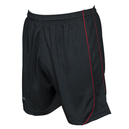 Precision Training Precision Mestalla Shorts in black feature an elasticated waistband and a slim red side stripe. Made from lightweight polyester sports fabric, these athletic shorts are shown on a white background.
