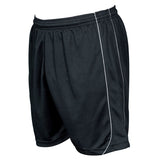 Precision Training Precision Mestalla Shorts in Black/Red, made from durable polyester with an elasticated waistband and thin white vertical side piping, shown on a plain white background.