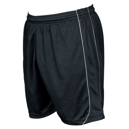 Precision Training Precision Mestalla Shorts in Black/Red, made from durable polyester with an elasticated waistband and thin white vertical side piping, shown on a plain white background.