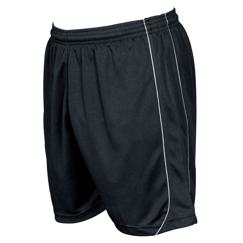 Precision Training Precision Mestalla Shorts in Black/Red, made from durable polyester with an elasticated waistband and thin white vertical side piping, shown on a plain white background.