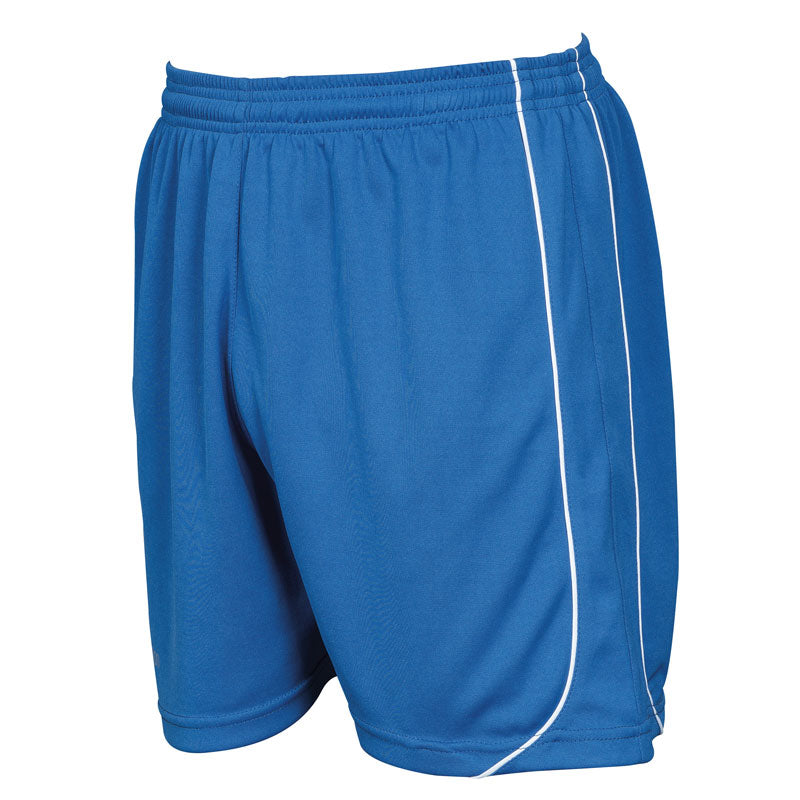A pair of Precision Mestalla Shorts by Precision Training in blue polyester sports fabric, with an elasticated waistband and white side piping, shown on a plain white background.
