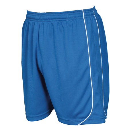 A pair of Precision Mestalla Shorts by Precision Training in blue polyester sports fabric, with an elasticated waistband and white side piping, shown on a plain white background.