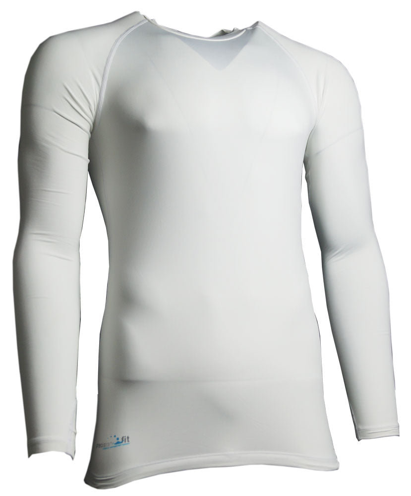 The Precision Training Precision Essential Baselayer Long Sleeve Shirt Junior in white is shown on a mannequin, featuring a form-fitting design, raglan sleeves, moisture-wicking fabric, and a small lower left side logo.