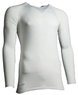 The Precision Training Precision Essential Baselayer Long Sleeve Shirt Junior in white is shown on a mannequin, featuring a form-fitting design, raglan sleeves, moisture-wicking fabric, and a small lower left side logo.