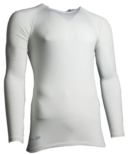 The Precision Training Precision Essential Baselayer Long Sleeve Shirt Junior in white is shown on a mannequin, featuring a form-fitting design, raglan sleeves, moisture-wicking fabric, and a small lower left side logo.