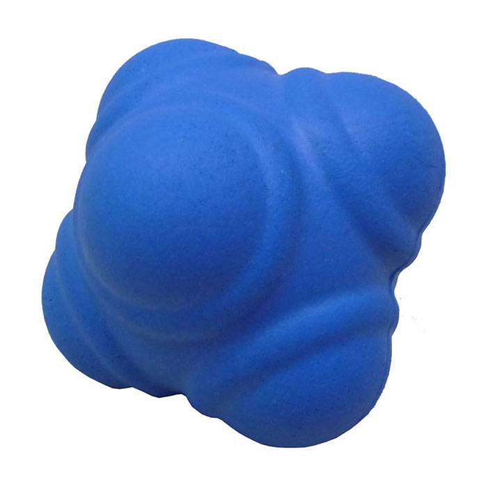 The Precision Training Reaction Ball (6.5cm) is a blue rubber ball with multiple bumps and grooves, designed for reflex training and agility exercises with an unpredictable bounce.