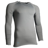 The Precision Training Precision Essential Baselayer Long Sleeve Shirt Junior in grey is shown on a mannequin torso against a white background, featuring a crew neck and fitted sleeves for moisture-wicking performance.