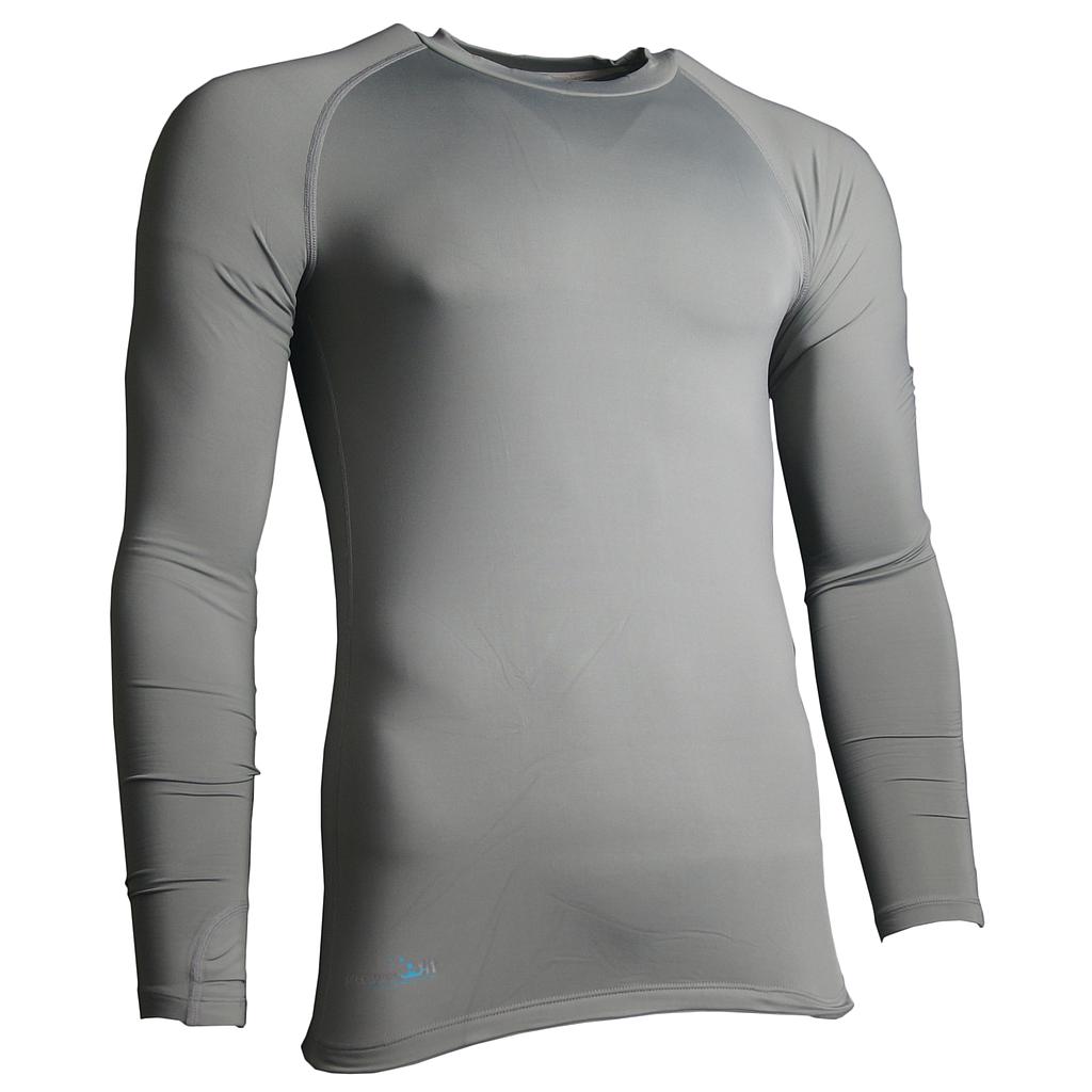 The Precision Training Precision Essential Baselayer Long Sleeve Shirt Junior in grey is shown on a mannequin torso against a white background, featuring a crew neck and fitted sleeves for moisture-wicking performance.