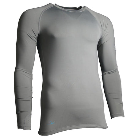 The Precision Training Precision Essential Baselayer Long Sleeve Shirt Junior in grey is shown on a mannequin torso against a white background, featuring a crew neck and fitted sleeves for moisture-wicking performance.