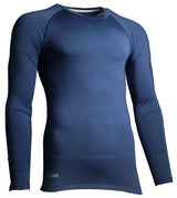 The Precision Training Precision Essential Baselayer Long Sleeve Shirt Junior in navy is shown on a mannequin, highlighting its snug fit and smooth, stretchy moisture-wicking fabric ideal for athletic or active wear.