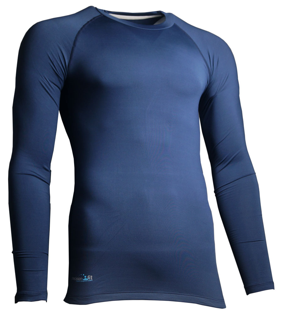 The Precision Training Essential Baselayer Long Sleeve Shirt for adults is navy blue with a fitted, compression design. It features long sleeves and a small brand mark near the lower hem, shown against a plain white background.