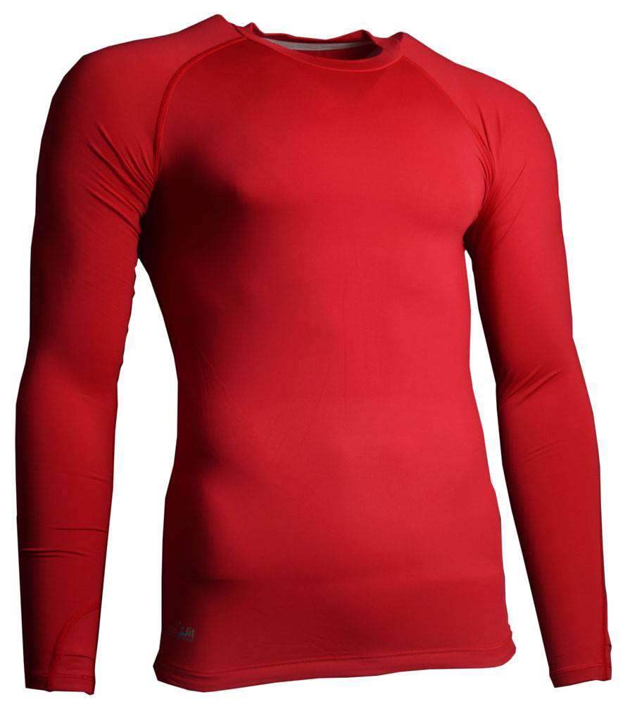 The Precision Training Precision Essential Baselayer Long Sleeve Shirt Junior in red is shown on a mannequin torso against a white background.