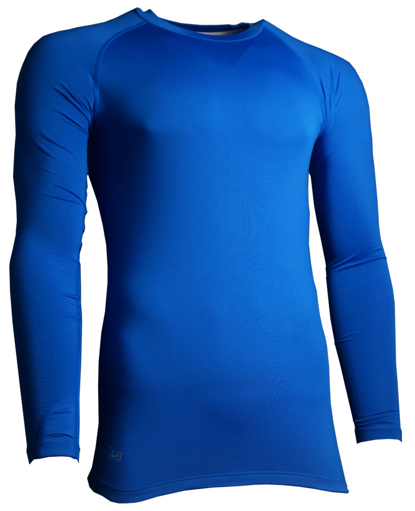 The Precision Training Precision Essential Baselayer Long Sleeve Shirt Junior, in royal, is a fitted athletic top made from moisture-wicking fabric and shown on a mannequin torso against a white background.
