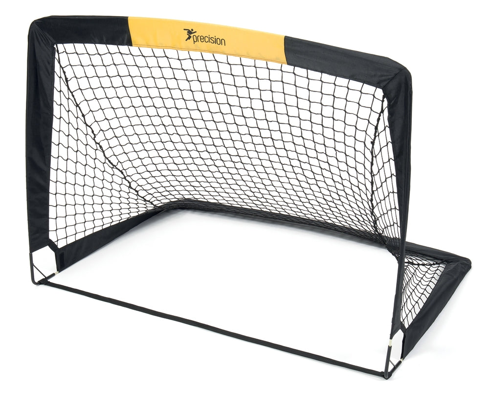 The Precision Training "Fold-a-Goal" (Set) 4.5' x 3.5' portable soccer goal in black and yellow, including a net, is displayed on a white background, ideal for small sided games.