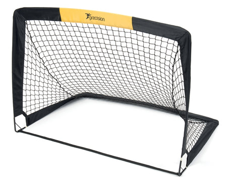 The Precision Training "Fold-a-Goal" (Set) 4.5' x 3.5' portable soccer goal in black and yellow, including a net, is displayed on a white background, ideal for small sided games.