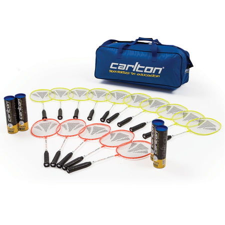 The Carlton Primary Education Pack by Carlton includes 12 badminton rackets with black handles and colored frames, 4 tubes of shuttlecocks, and a blue branded carrying bag, all displayed on a white background.