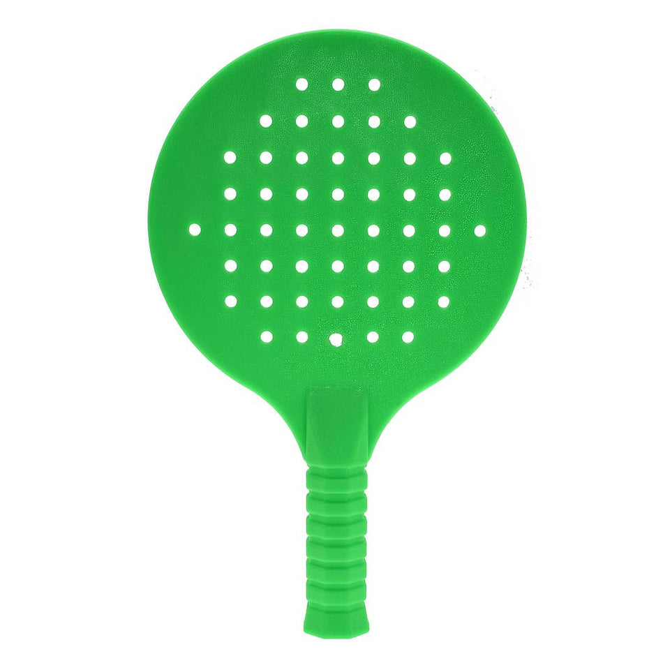 The Reydon Sports Primary Skills Racket is bright green plastic with a round, holed head and short textured handle, designed to develop racket skills, shown against a white background.
