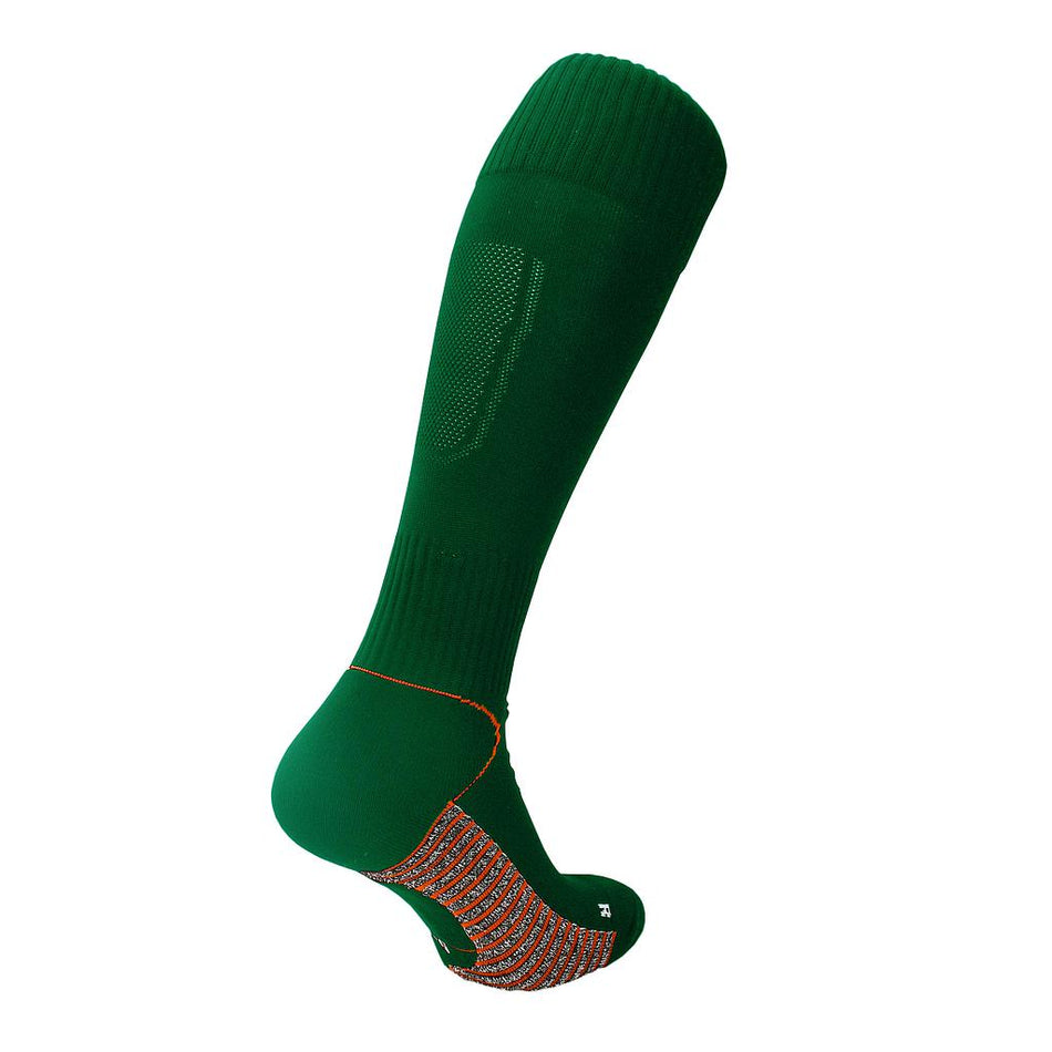 The Precision Pro Grip Football Socks Adult by Precision Training is a single green knee-high sock with a multicolored textured sole for added traction in football boots, featuring reinforced heel, toe, and ankle support, shown on a white background.