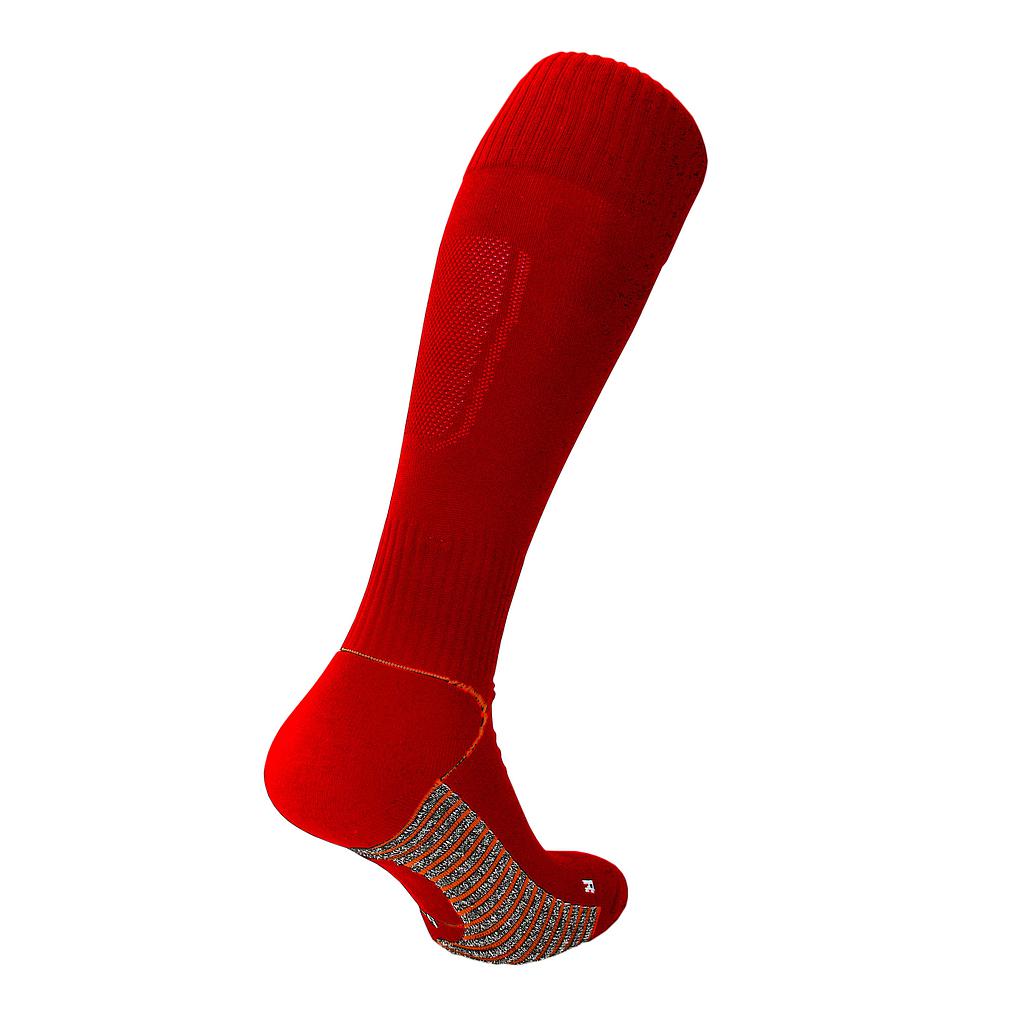 The Precision Training Precision Pro Grip Football Socks Junior is a bright red knee-high sock with textured sole grips and reinforced ankle support, shown against a white background—ideal for wearing with football boots.