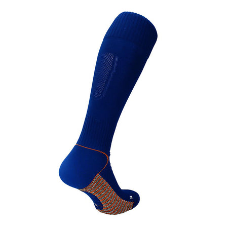 The Precision Training Precision Pro Grip Football Socks Junior features a single royal blue knee-high sock with orange sole accents and textured grip for better ankle support, shown on a white background.