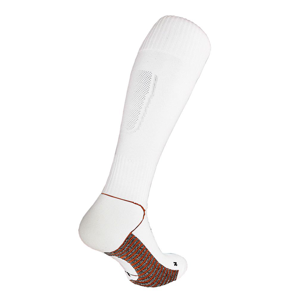 The Precision Training Precision Pro Grip Football Socks Junior is a single white knee-high sock with orange heel and sole accents and textured grip areas for better traction—perfect to wear with football boots.