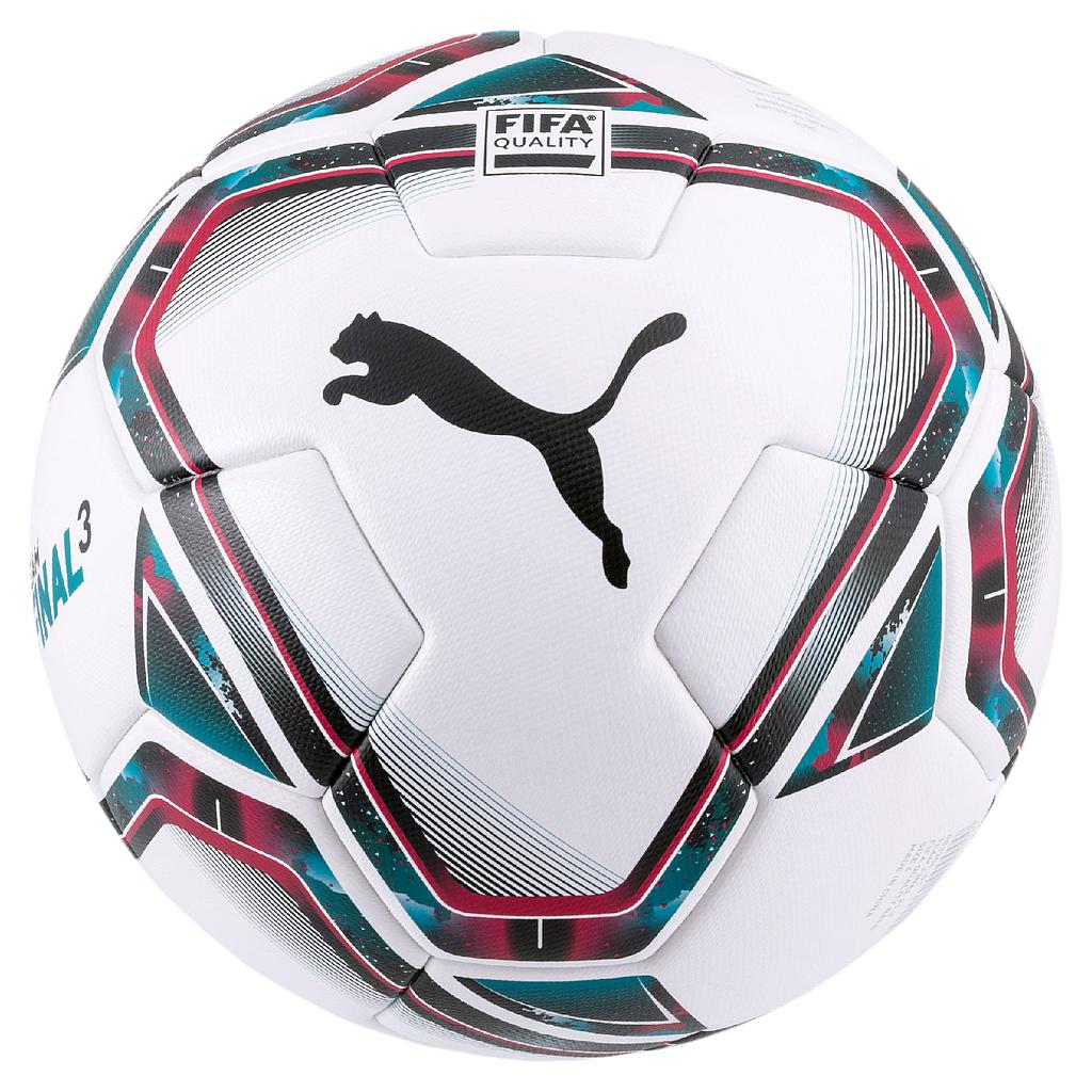 The Puma Final 3 Match Football is a professional white ball with black, teal, and red geometric designs, the Puma logo, and a FIFA Quality stamp for top-level performance.