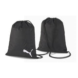 The Puma Team Goal 23 Gym Sack by Puma is a smooth black drawstring sports bag with thin shoulder straps and a white Puma logo, ideal for use as a high-performance gym bag or for carrying team equipment.