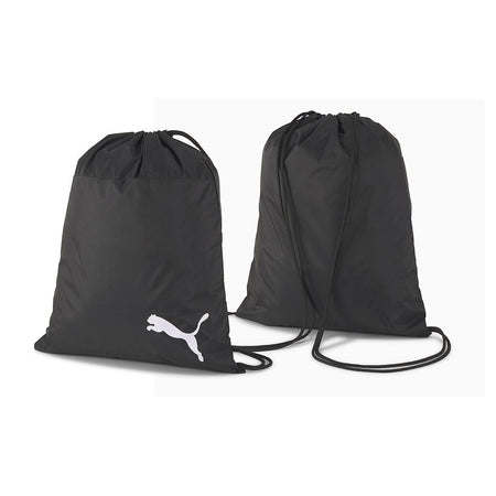The Puma Team Goal 23 Gym Sack by Puma is a smooth black drawstring sports bag with thin shoulder straps and a white Puma logo, ideal for use as a high-performance gym bag or for carrying team equipment.