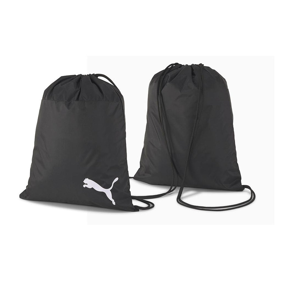 The Puma Team Goal 23 Gym Sack by Puma is a smooth black drawstring sports bag with thin shoulder straps and a white Puma logo, ideal for use as a high-performance gym bag or for carrying team equipment.