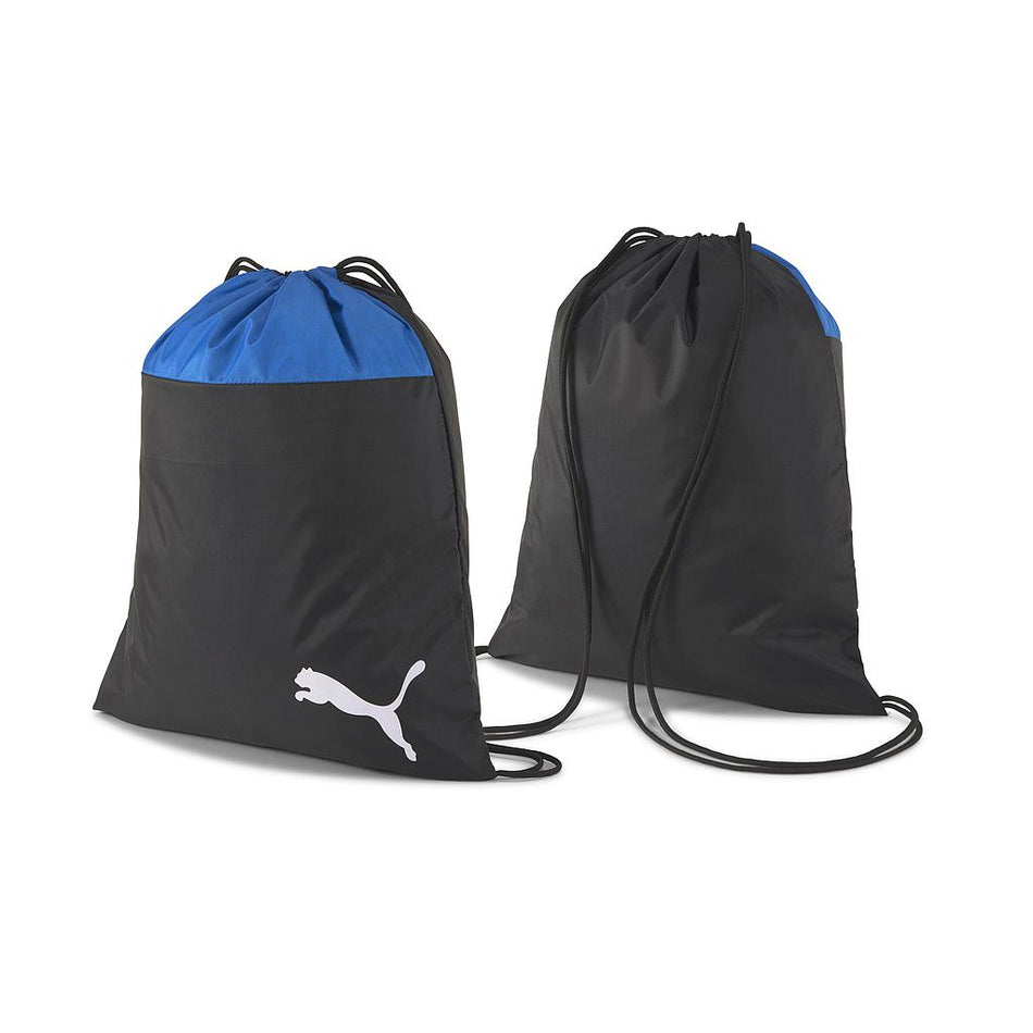 Two black and blue Puma Team Goal 23 Gym Sacks with black cords are shown. One displays a white Puma logo; the other shows the back. Ideal for team equipment or as a high-performance gym bag.