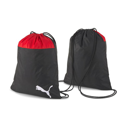 Two Puma Team Goal 23 Gym Sacks by Puma, in black and red with a white logo on the lower front, are shown side by side displaying both the front and back against a white background.