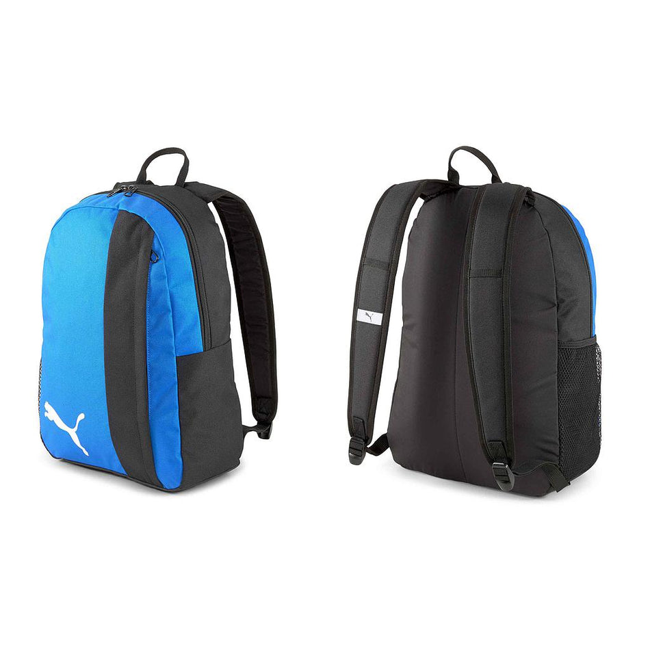 The Puma Team Goal 23 Backpack in blue and black features a white Puma logo on the lower front, adjustable shoulder straps, mesh side pockets, and a two-way zip for easy access. Shown from both the front and back.