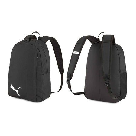 Two views of the Puma Team Goal 23 Backpack: the front features a white Puma logo, while the back reveals adjustable padded straps, a two-way zip closure, and a mesh side pocket.