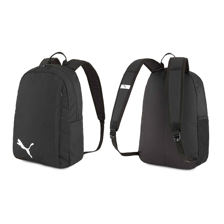 Two views of the Puma Team Goal 23 Backpack: the front features a white Puma logo, while the back reveals adjustable padded straps, a two-way zip closure, and a mesh side pocket.