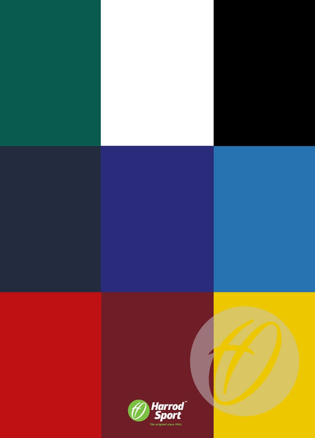 A grid of nine colored squares displays the Harrod Sport logo and text on the red square, highlighting their Two Panel Club Rugby Post Protectors (305mm).