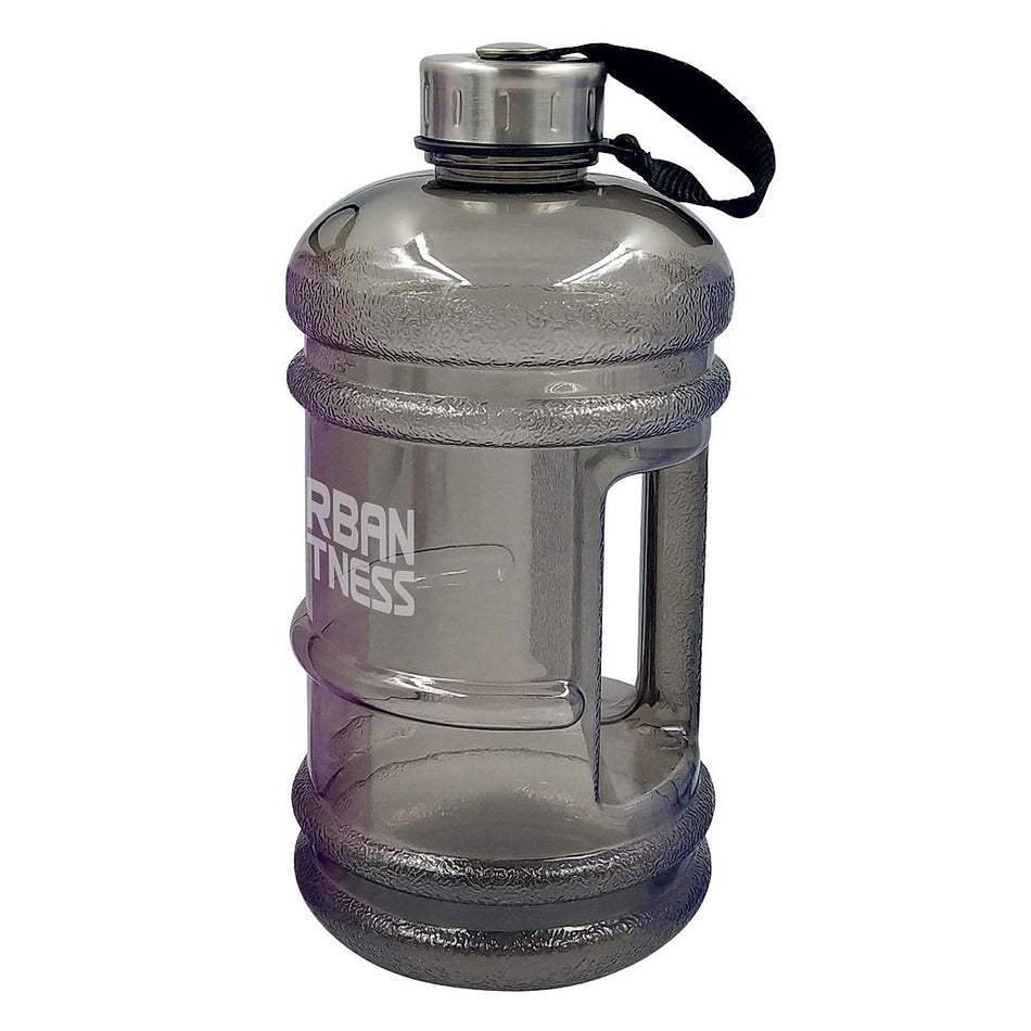 The Urban Fitness Quench 2.2L Water Bottle is a large, transparent gray bottle featuring a screw-on lid, black carrying strap, side handle, and partial "URBAN FITNESS" branding. BPA free.