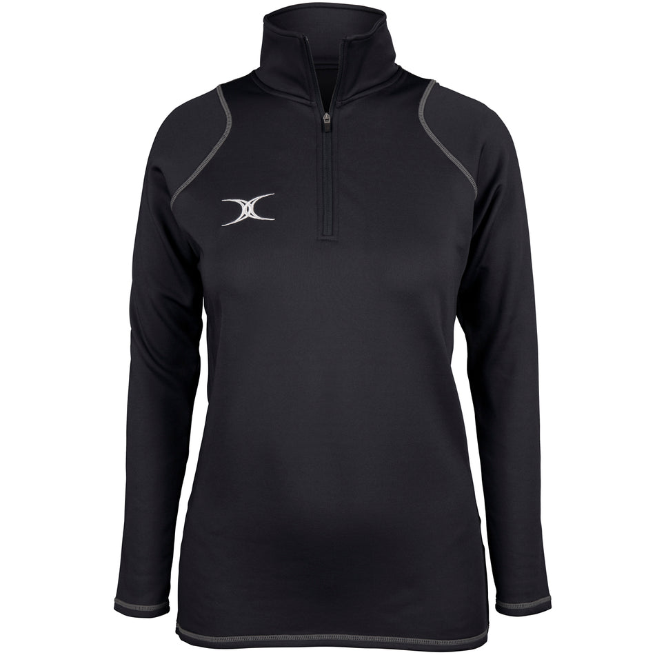 The Gilbert Womens Quest II Fleece is a black long-sleeve pullover featuring gray stitching, a quarter-zip front, and a white crescent logo on the left chest. This performance piece by Gilbert is shown on a plain white background.