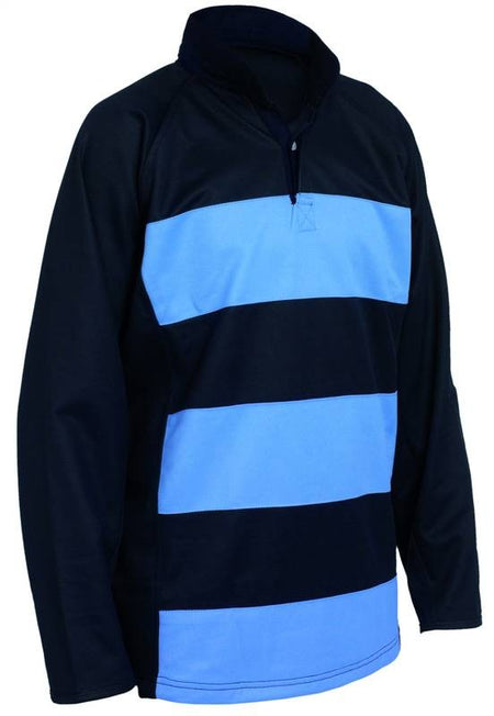 The Falcon Sportswear Tewkesbury School Boys Reversible Hooped Rugby Shirt is a heavyweight, long-sleeved polyester top with wide light blue and navy stripes, a short collar, and partial front zip, inspired by the classic school sports kit.