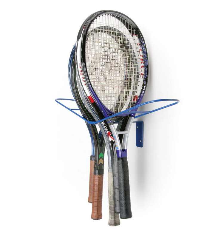 Four rackets with various grip colors hang vertically from the Mastersport Squash/Tennis Racket Storage Rack, which securely holds each racket by its handle for convenient storage.