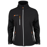 The Grays Ladies Radius Soft Shell Jacket is a black, breathable, water-resistant jacket featuring orange accents, white zippers, three zippered pockets, an upright collar, and the Grays logo on the chest.